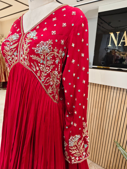 Red Chiffon Anarkali Set