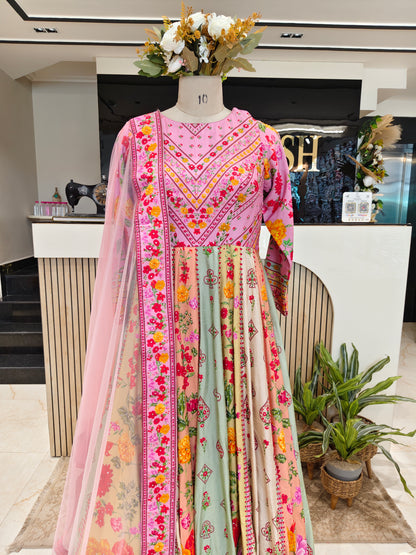 Pink Floral Silk Anarkali