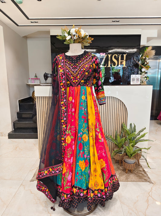 Black Floral Silk Anarkali