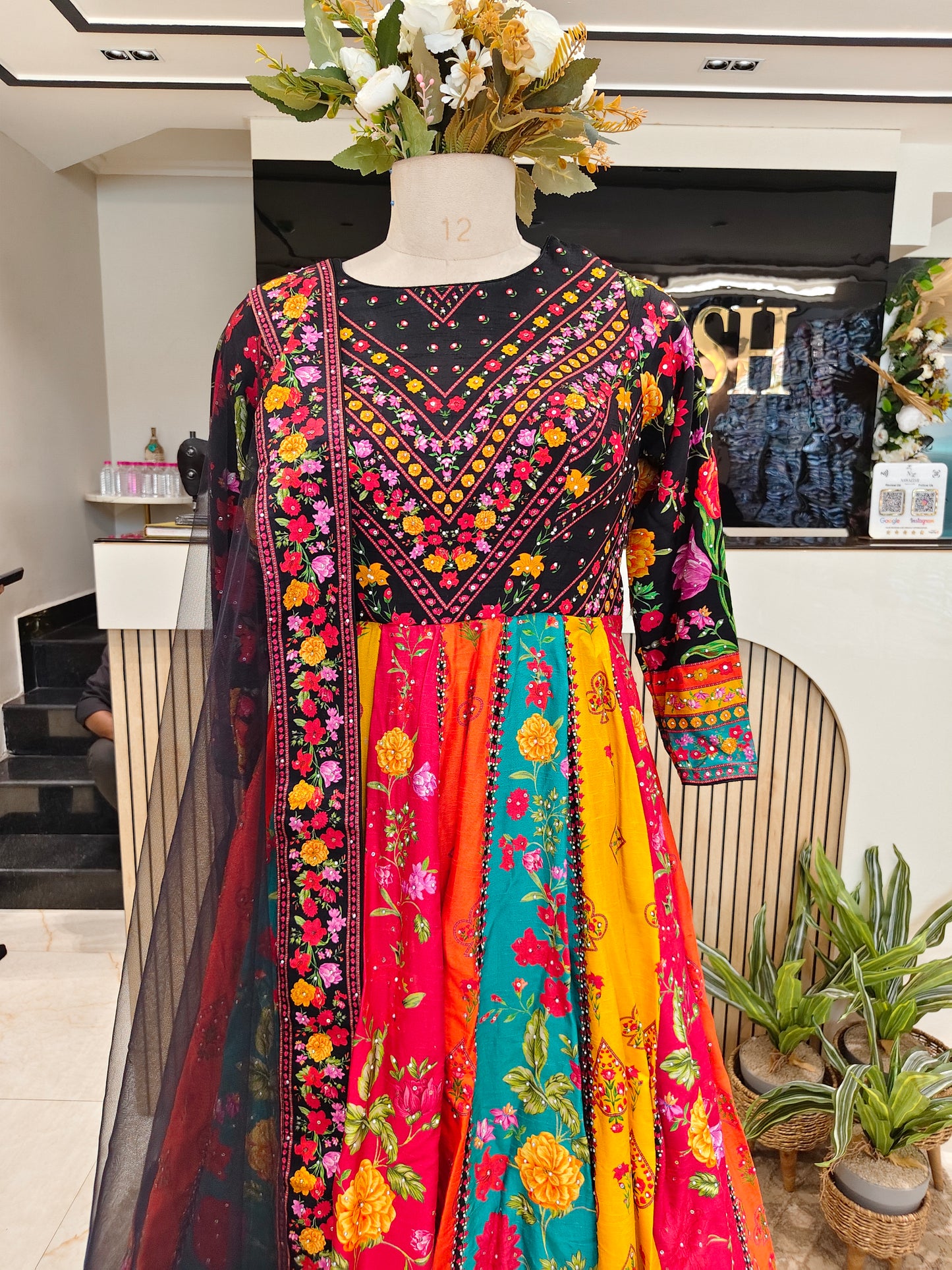 Black Floral Silk Anarkali