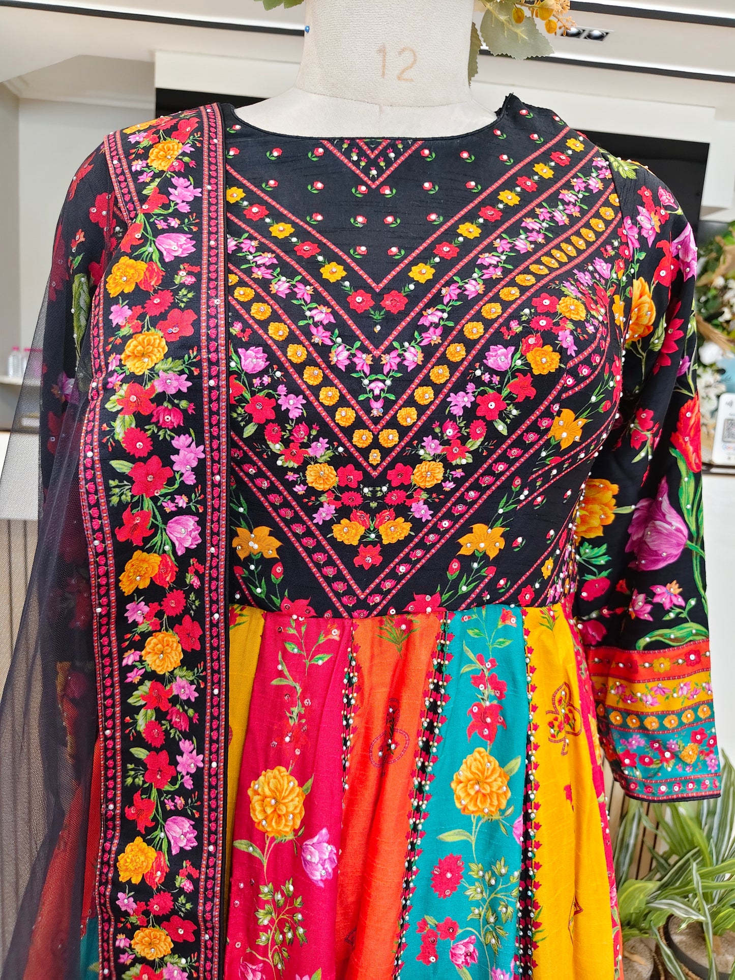 Black Floral Silk Anarkali