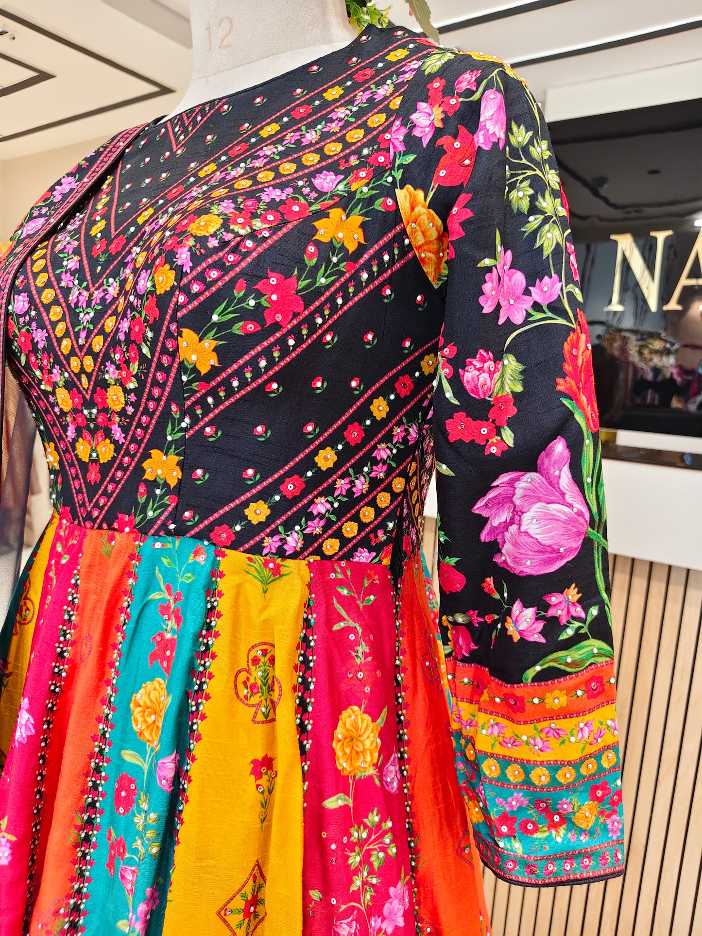 Black Floral Silk Anarkali