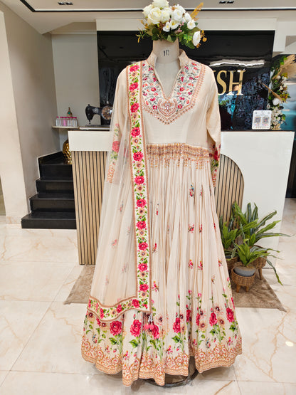 Off White Floral Silk Anarkali