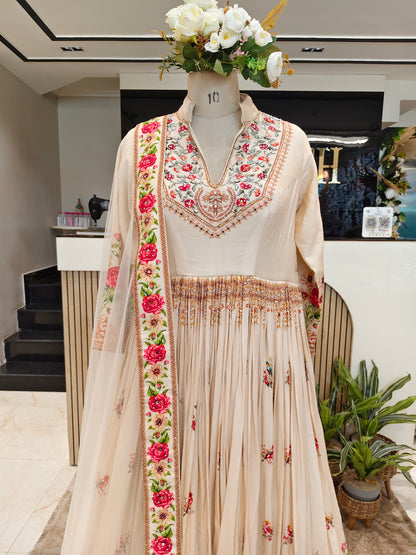Off White Floral Silk Anarkali