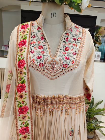 Off White Floral Silk Anarkali