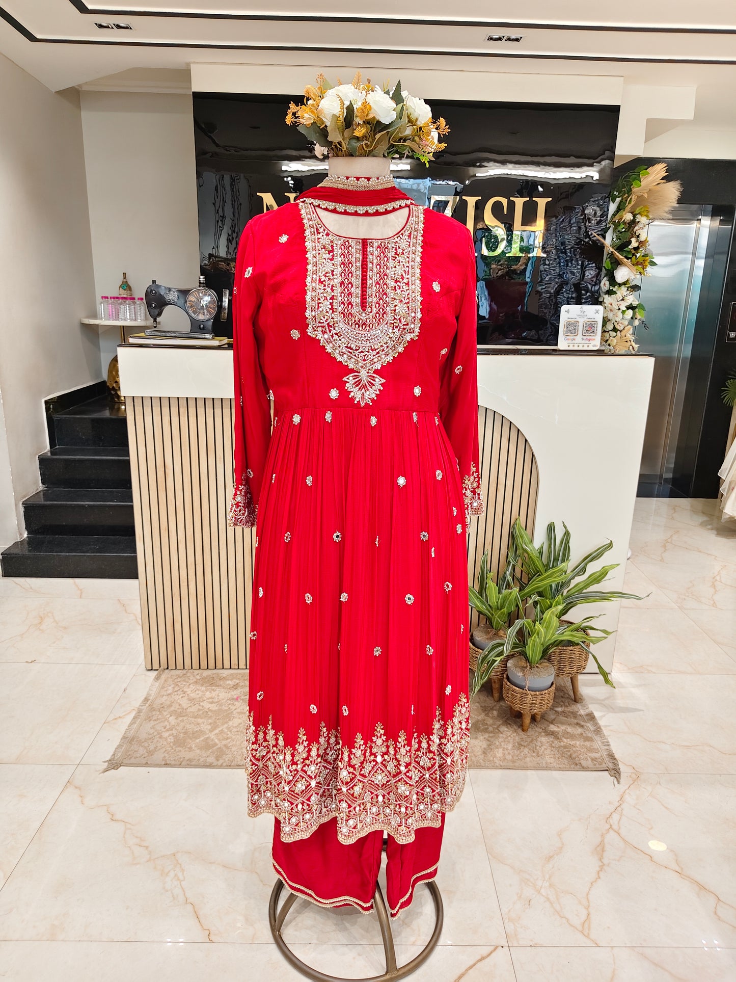 Red Mirror Work Palazzo Set