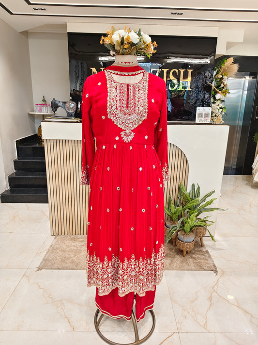 Red Mirror Work Palazzo Set