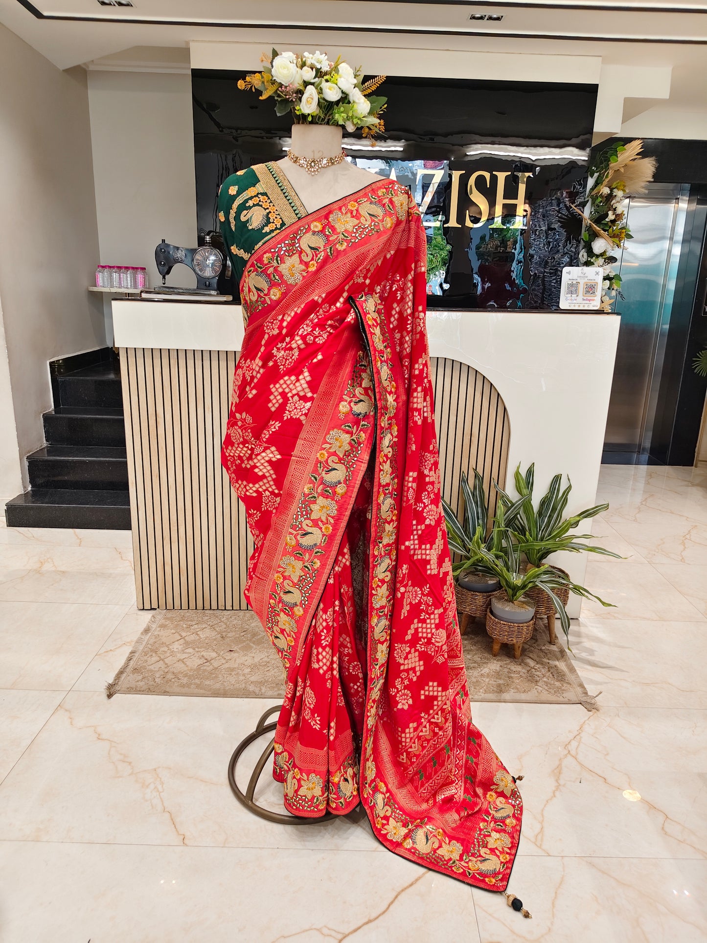 Red & Bottle Green Saree