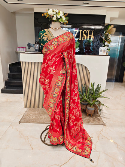 Red & Bottle Green Saree