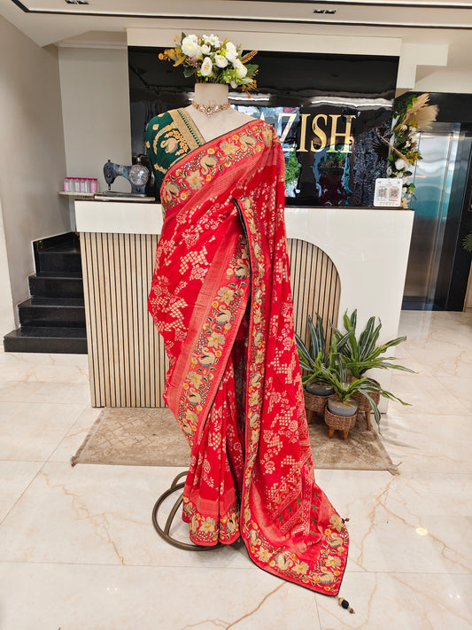 Red & Bottle Green Saree