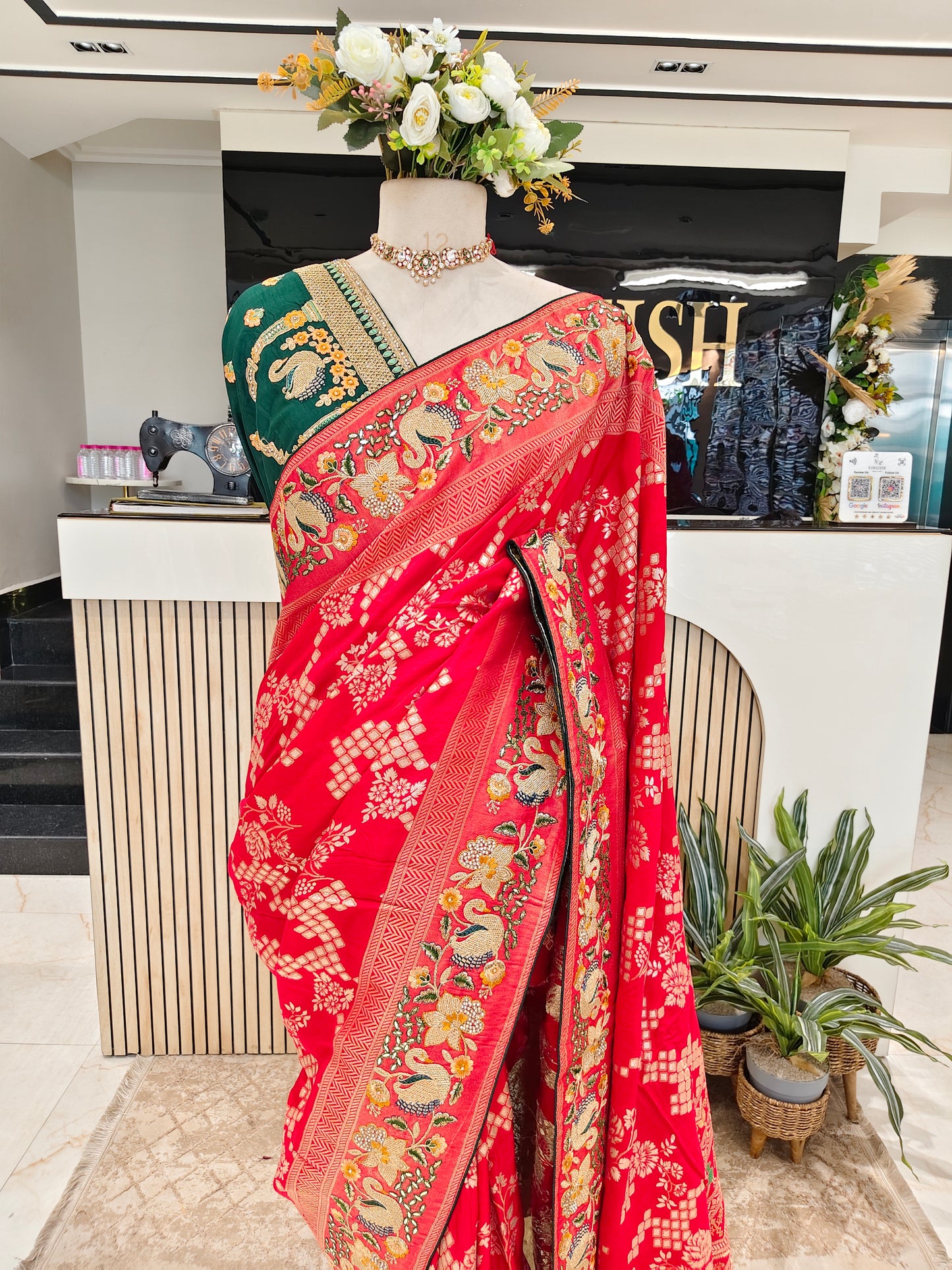 Red & Bottle Green Saree