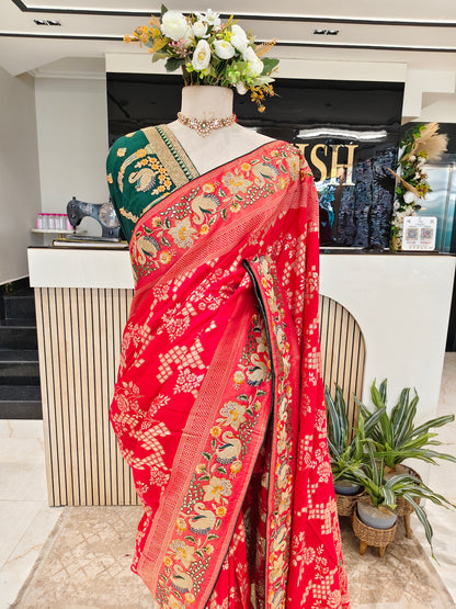 Red & Bottle Green Saree
