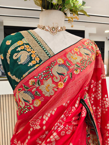 Red & Bottle Green Saree
