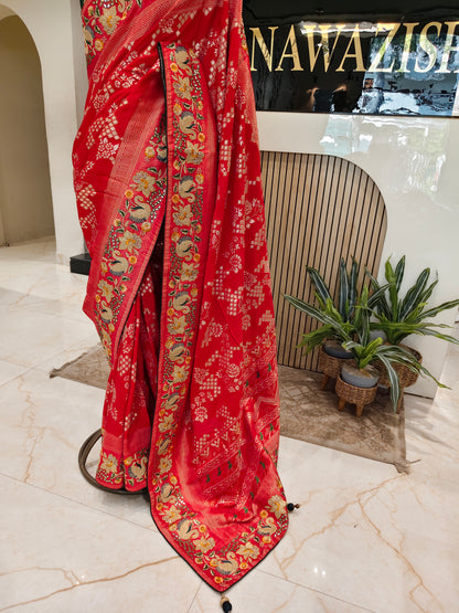 Red & Bottle Green Saree
