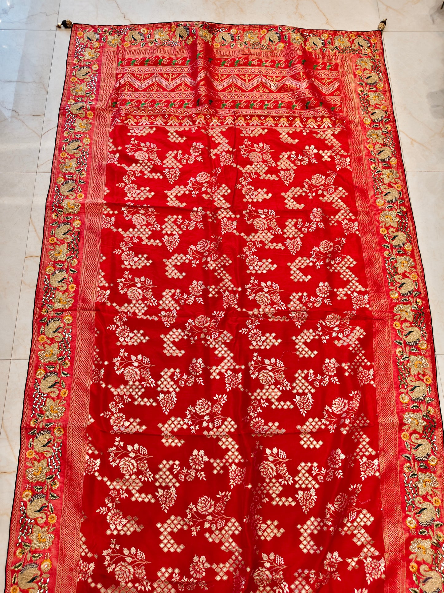 Red & Bottle Green Saree