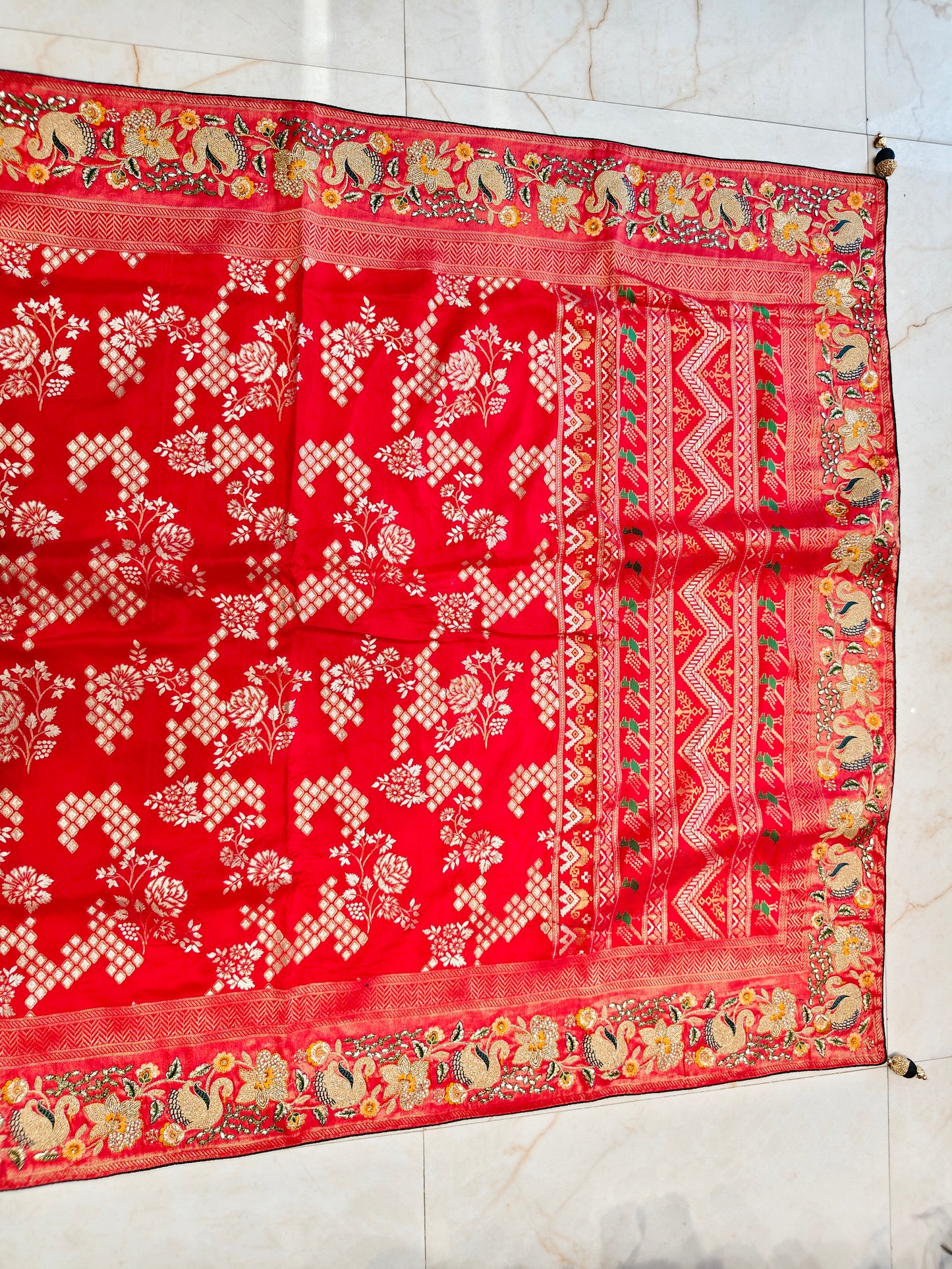 Red & Bottle Green Saree