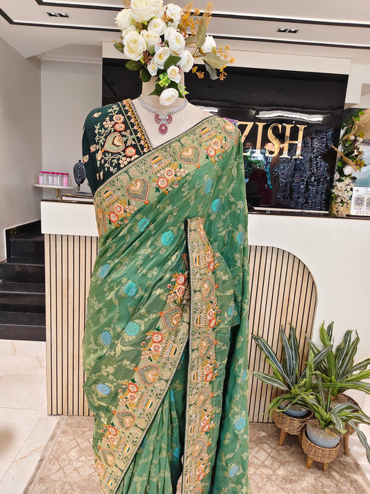 Rama & Bottle Green Saree