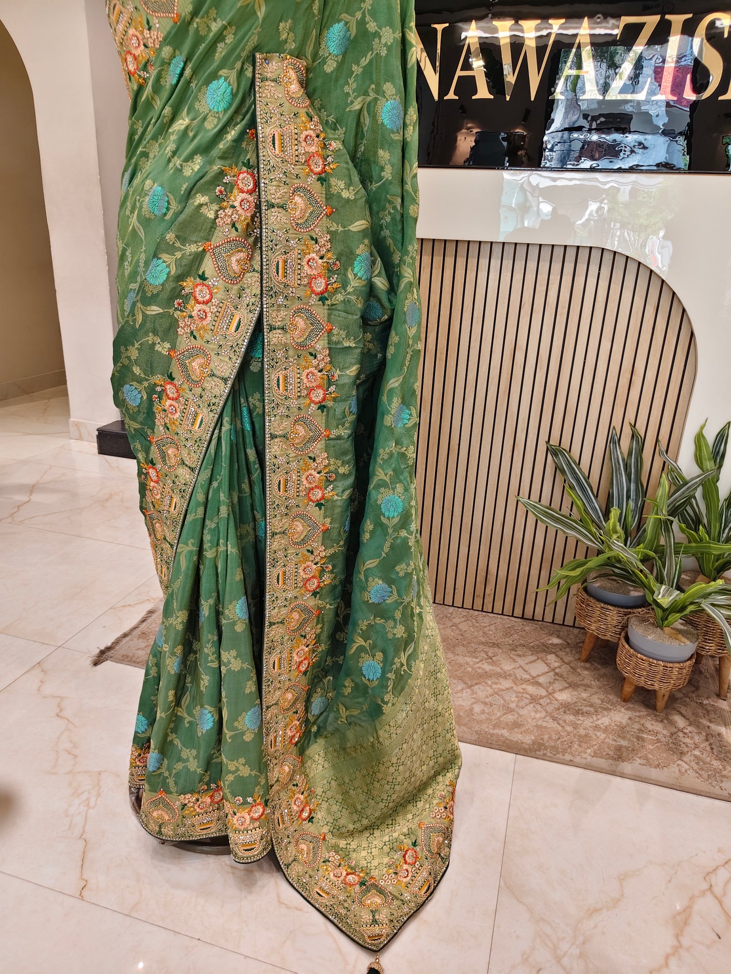 Rama & Bottle Green Saree