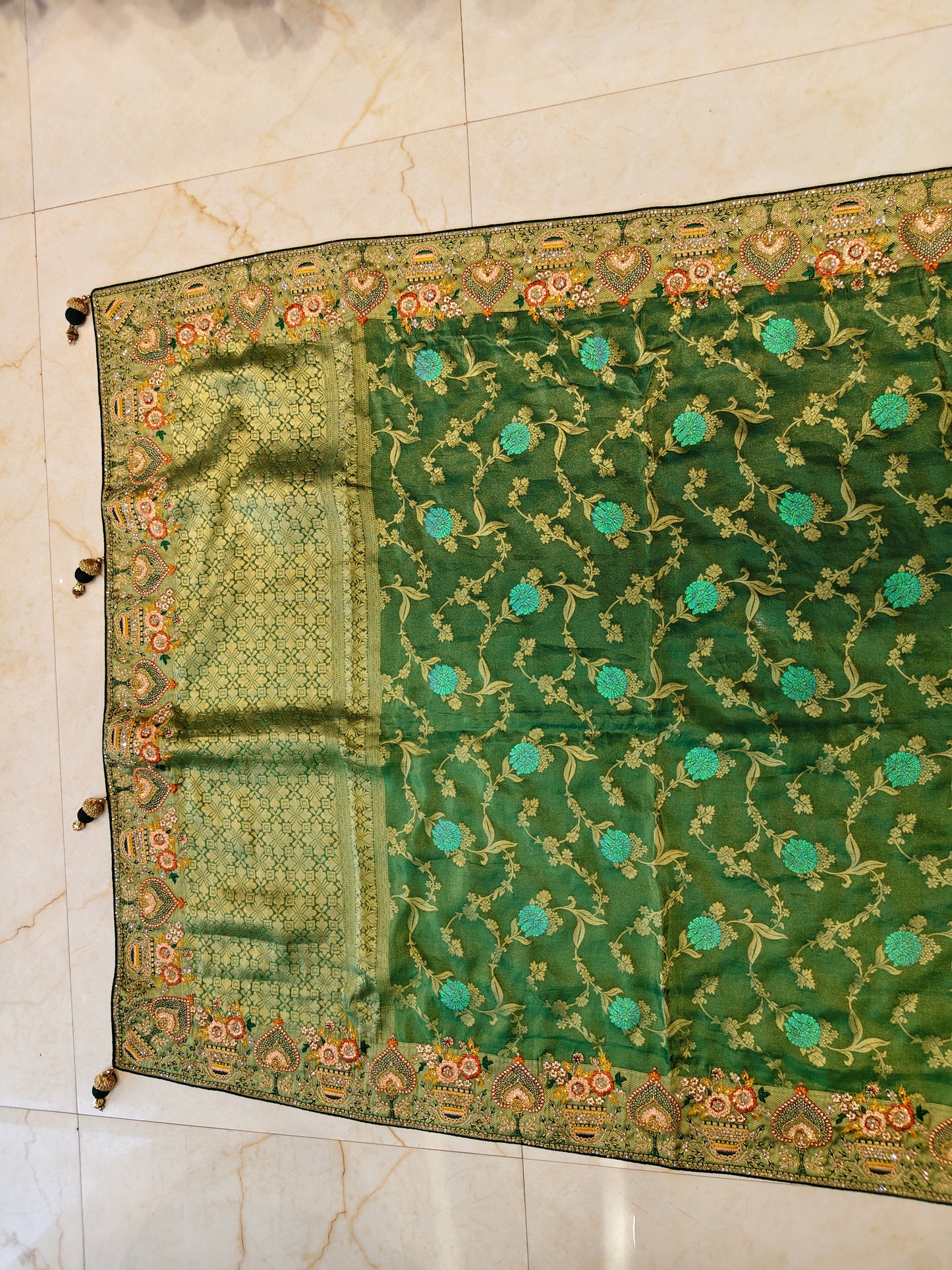 Rama & Bottle Green Saree