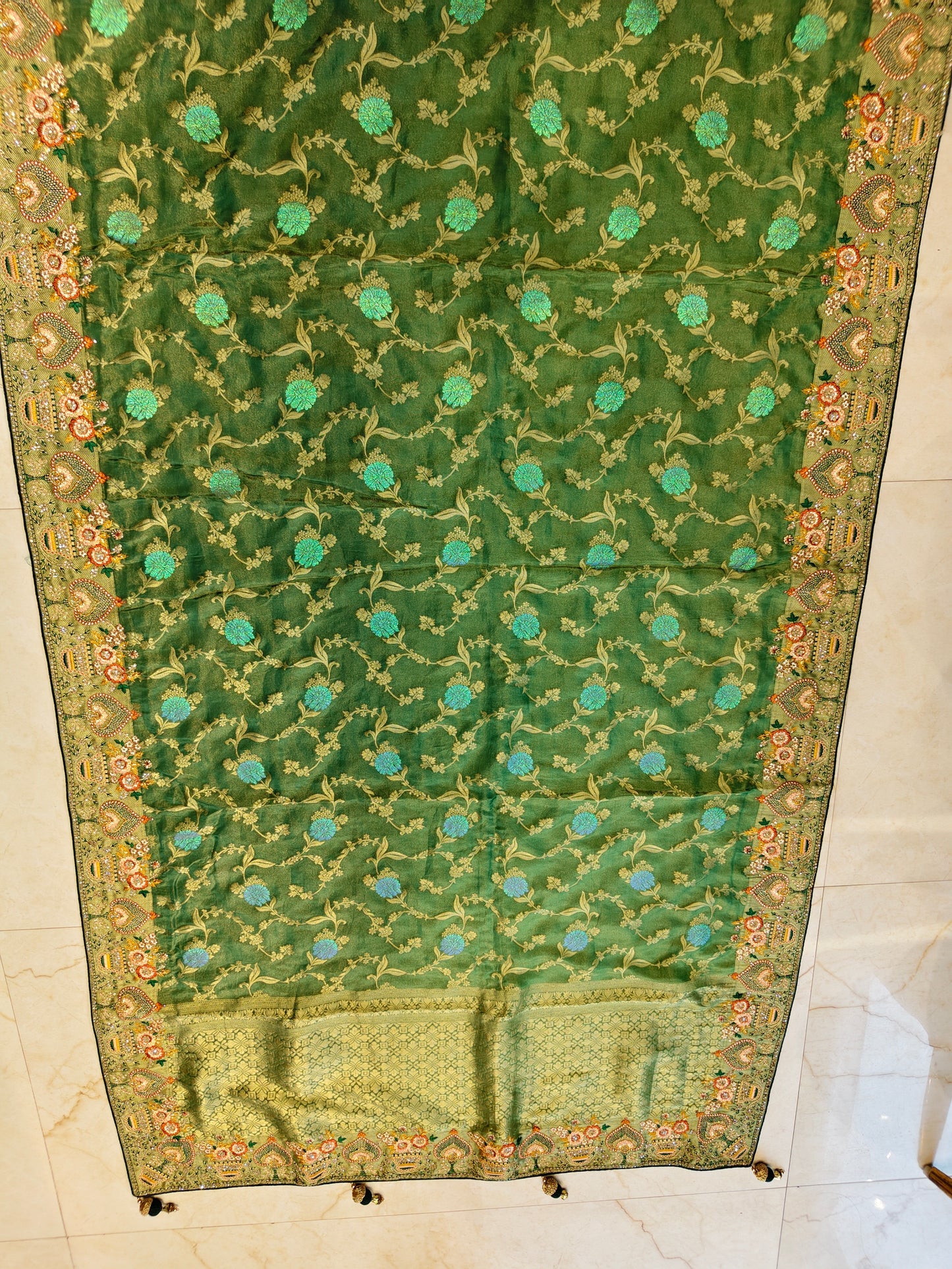 Rama & Bottle Green Saree