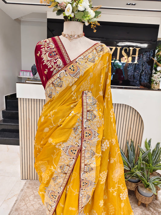 Yellow Maroon Darbari Saree