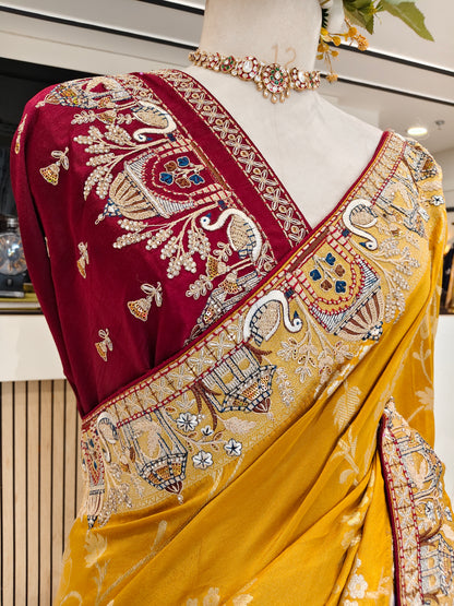 Yellow Maroon Darbari Saree