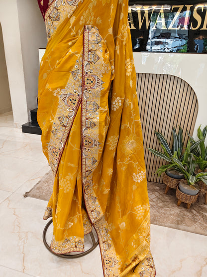 Yellow Maroon Darbari Saree