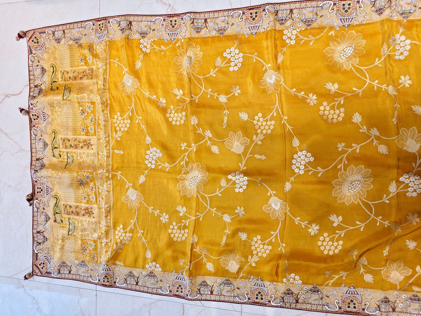 Yellow Maroon Darbari Saree