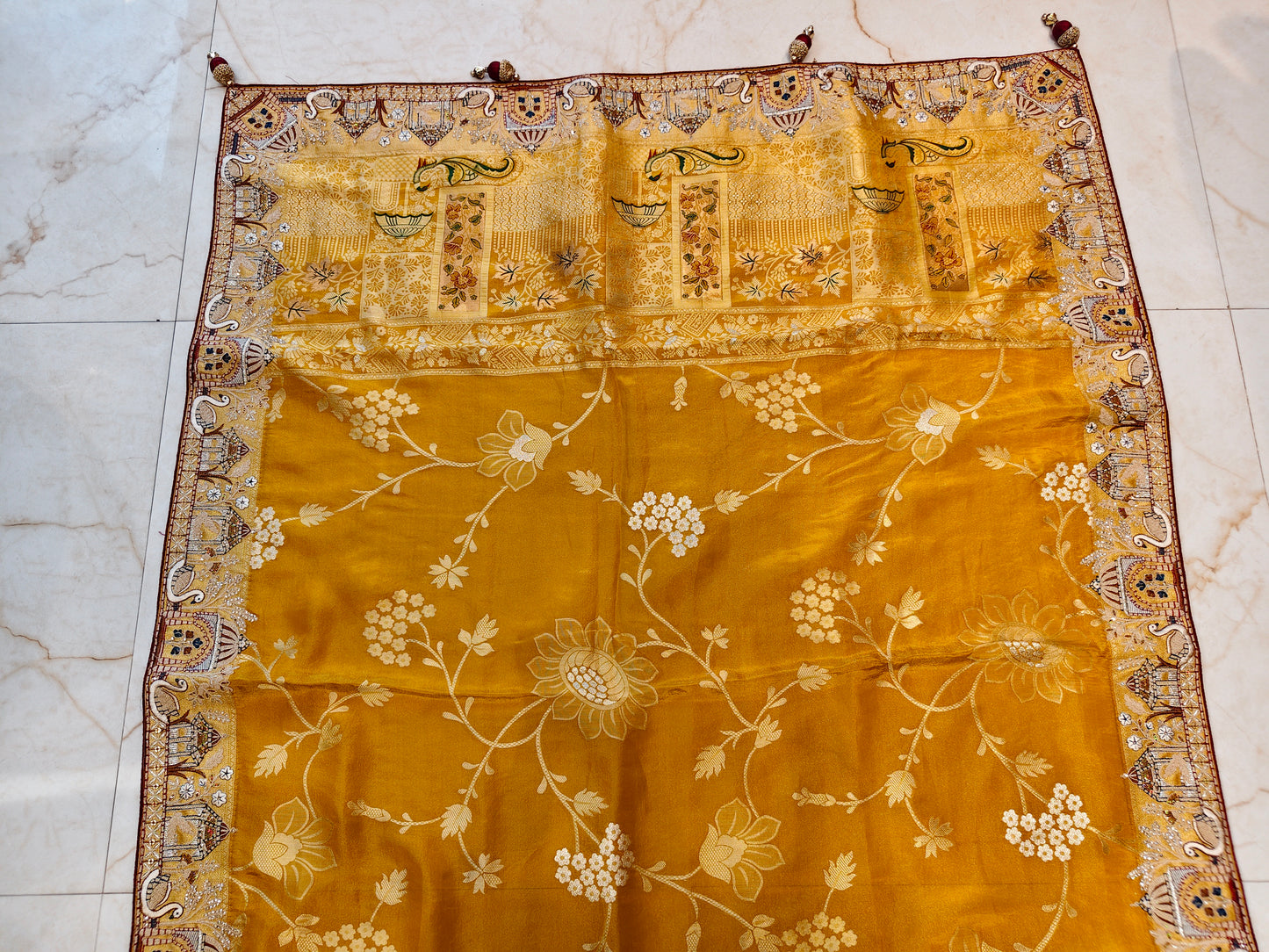 Yellow Maroon Darbari Saree