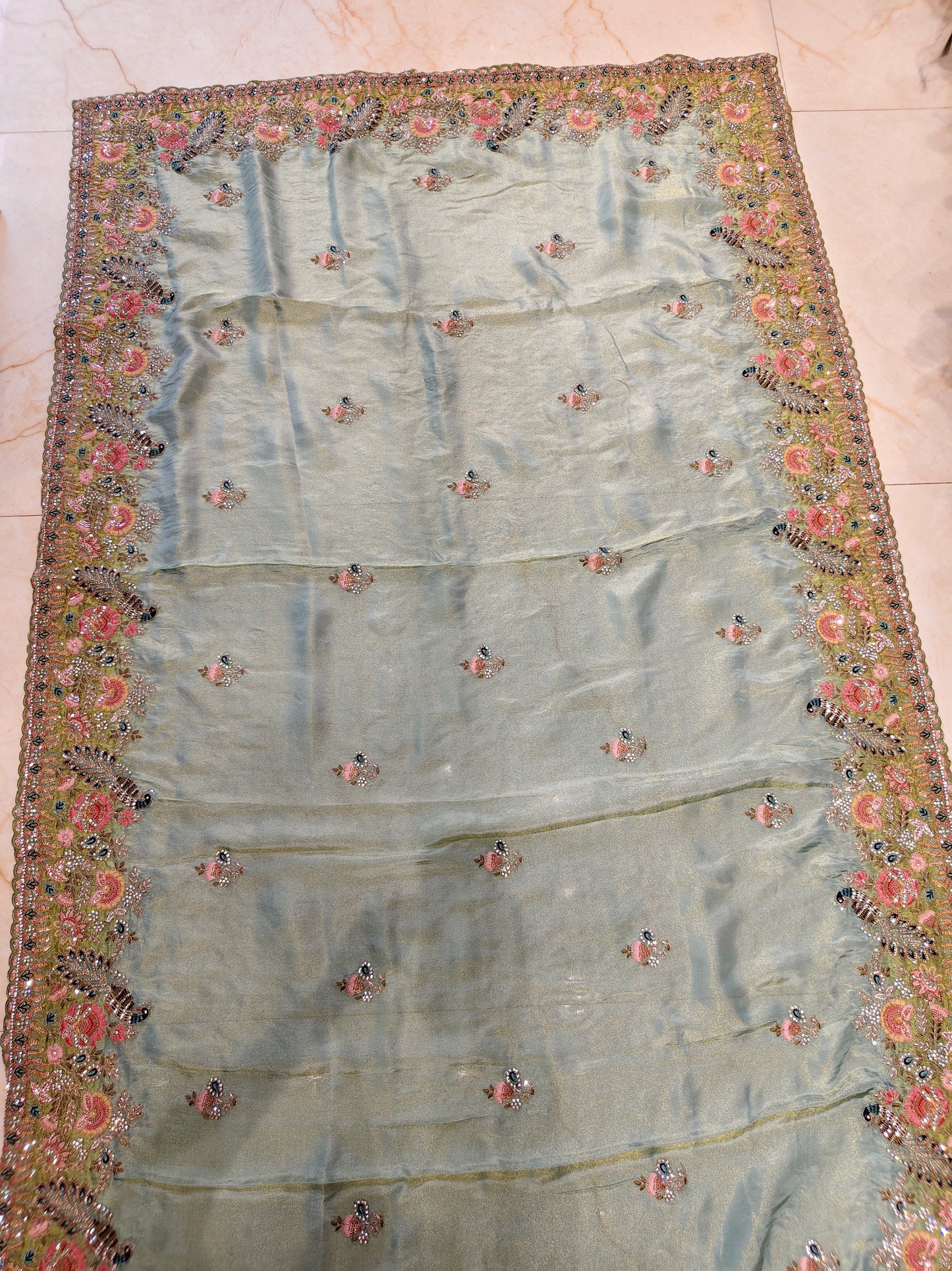 Sea Green Bird Motif Saree