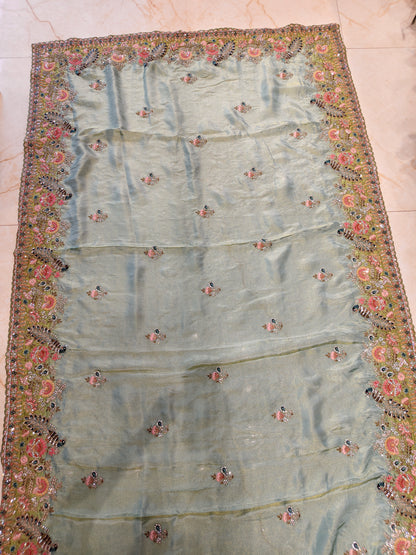 Sea Green Bird Motif Saree