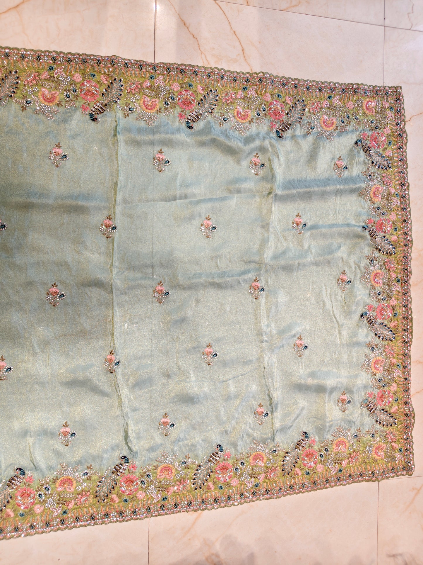 Sea Green Bird Motif Saree