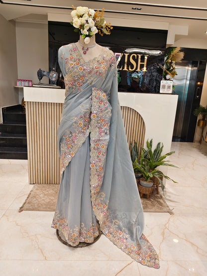 Grey Handwork Tissue Saree