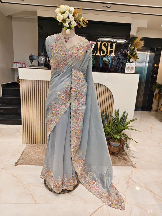 Grey Handwork Tissue Saree