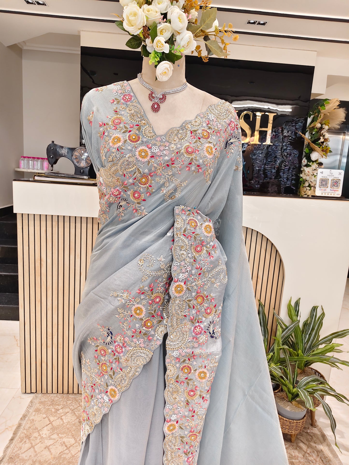 Grey Handwork Tissue Saree