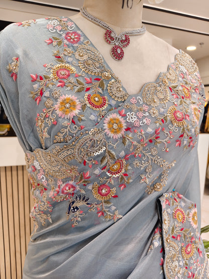 Grey Handwork Tissue Saree