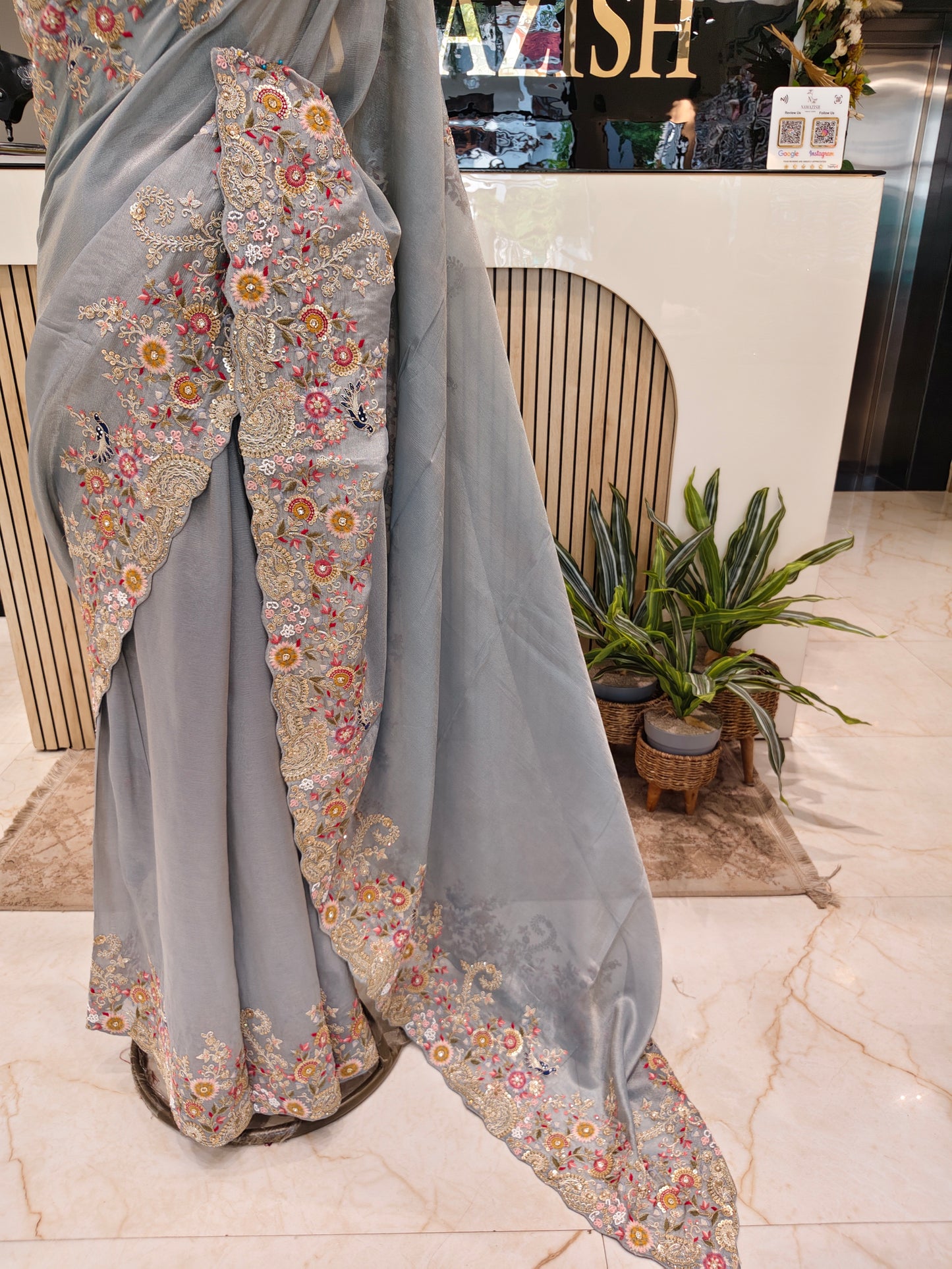 Grey Handwork Tissue Saree