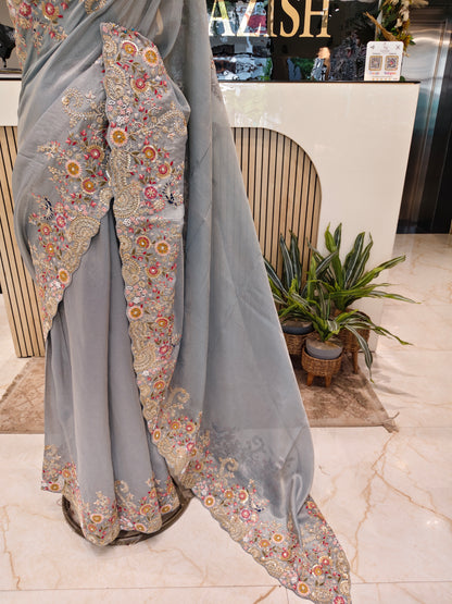 Grey Handwork Tissue Saree