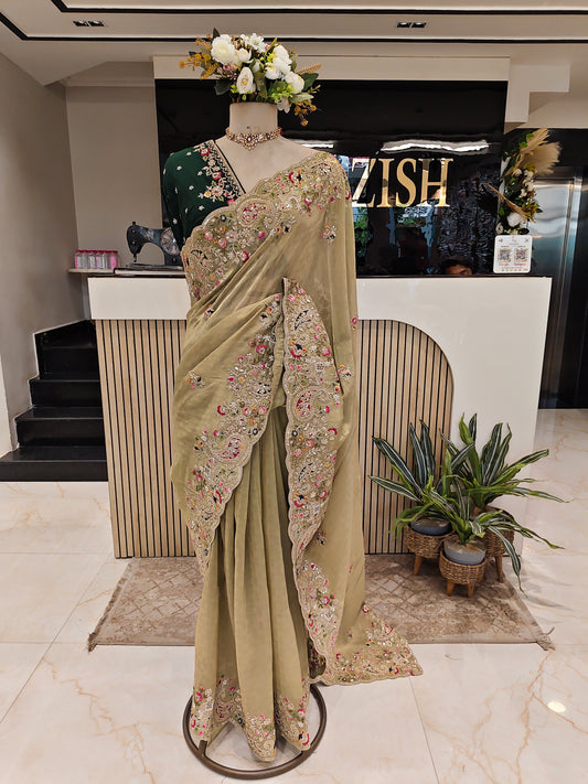 Pista & Bottle Green Saree