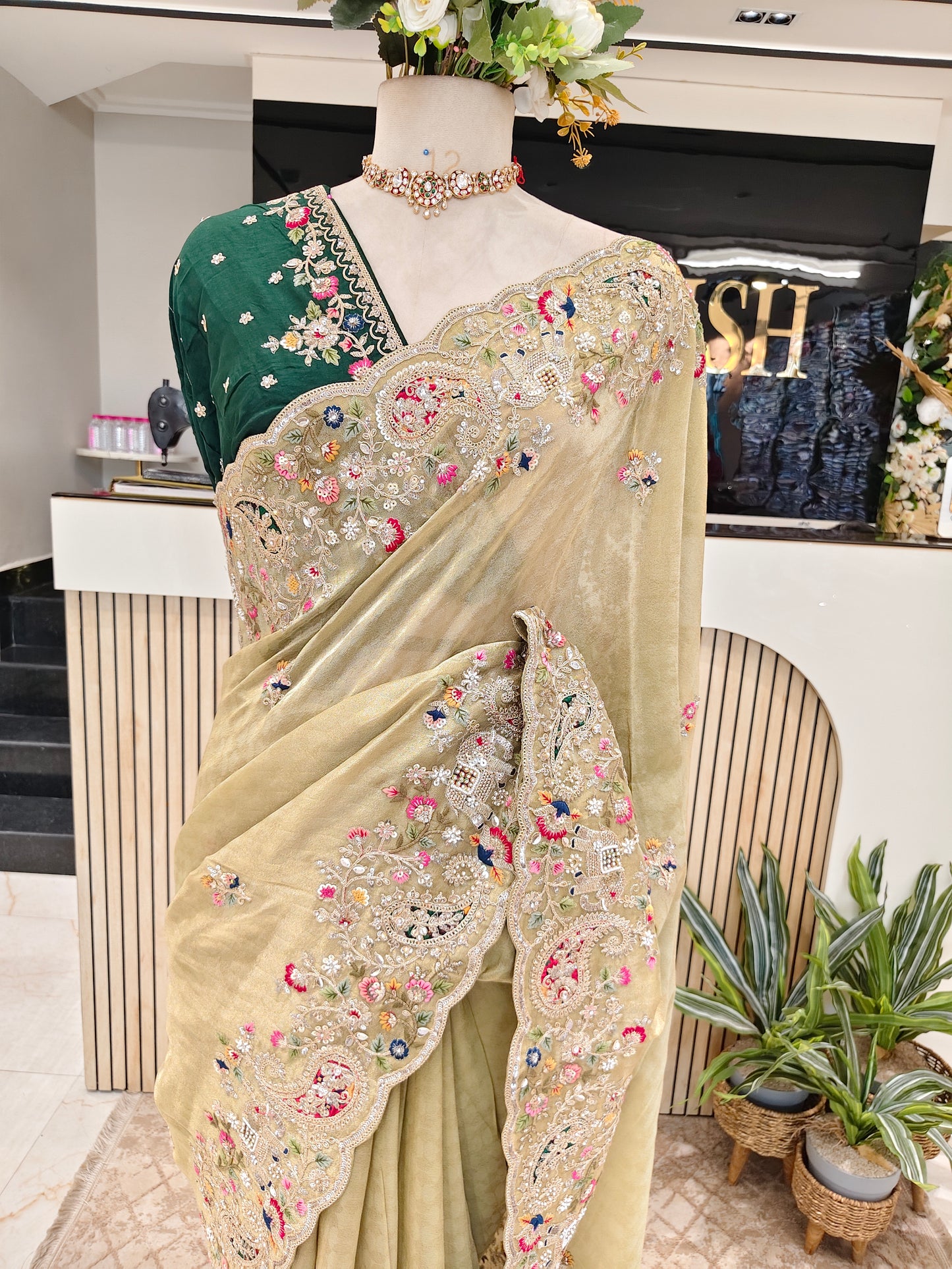 Pista & Bottle Green Saree