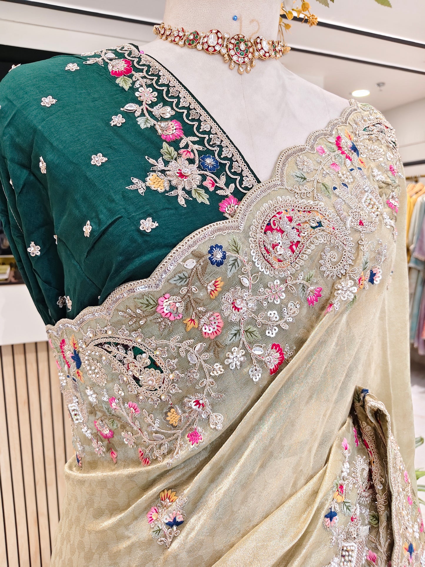 Pista & Bottle Green Saree
