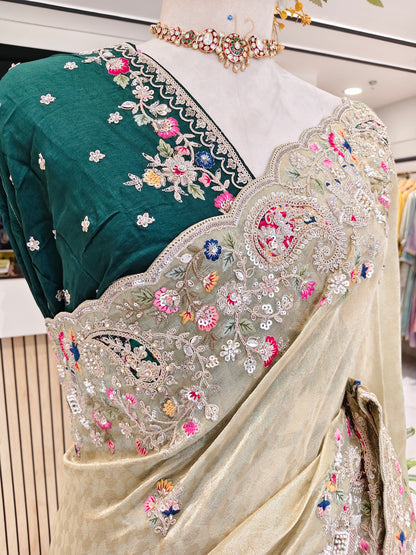 Pista & Bottle Green Saree