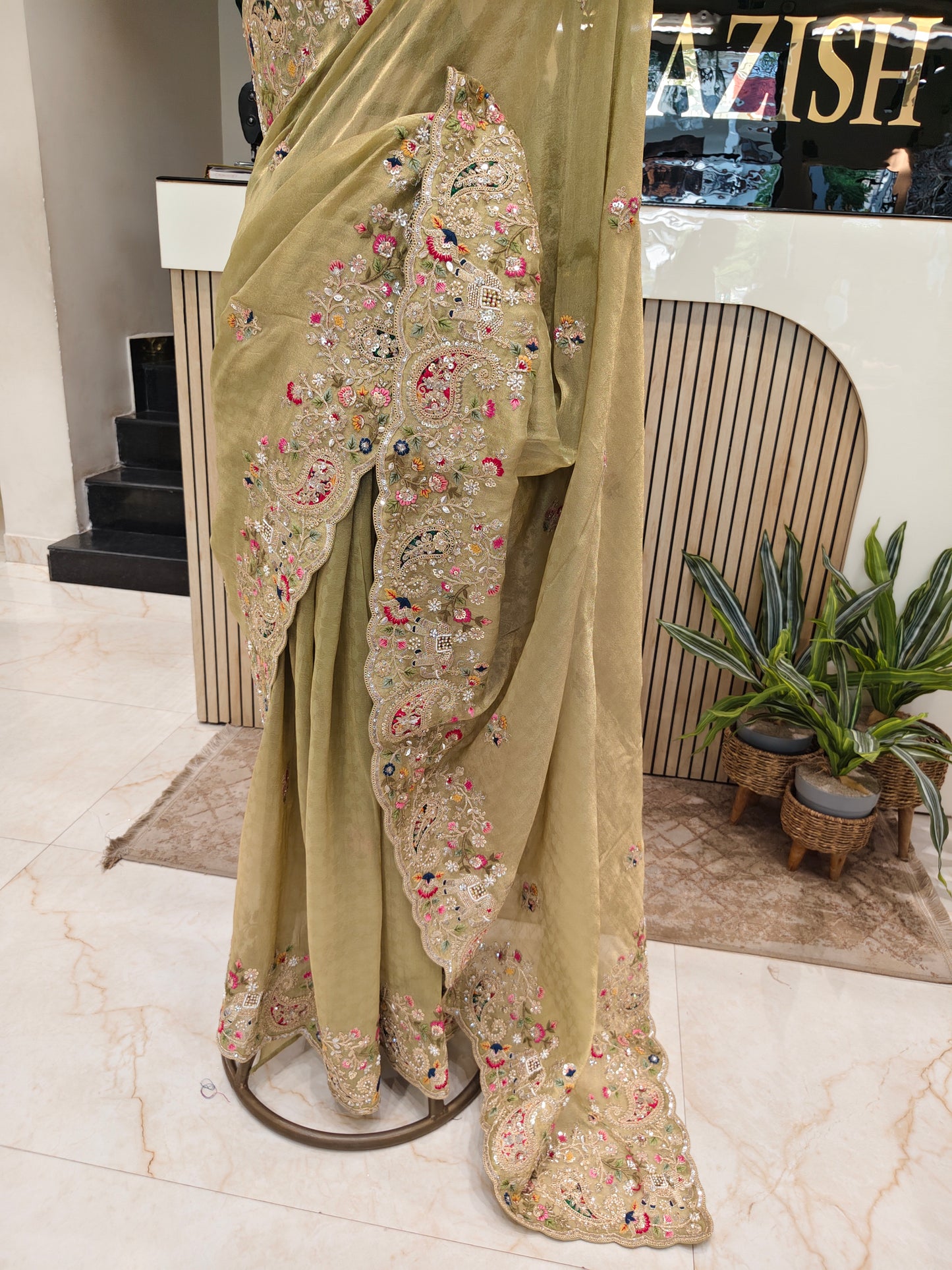 Pista & Bottle Green Saree
