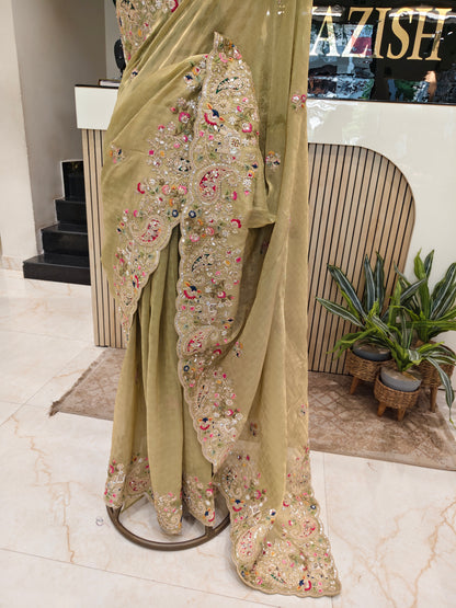 Pista & Bottle Green Saree