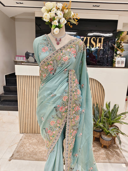 Sea Green Bird Motif Saree
