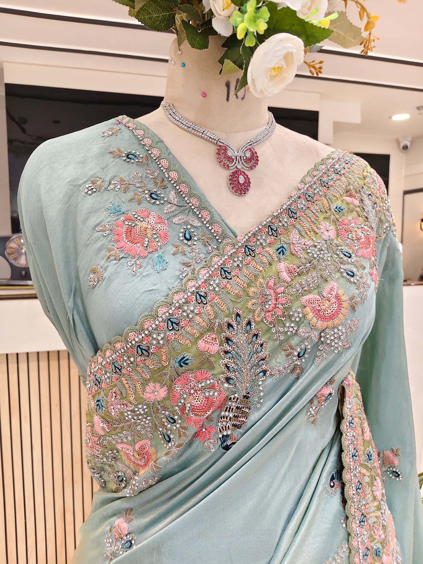 Sea Green Bird Motif Saree