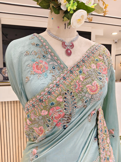 Sea Green Bird Motif Saree
