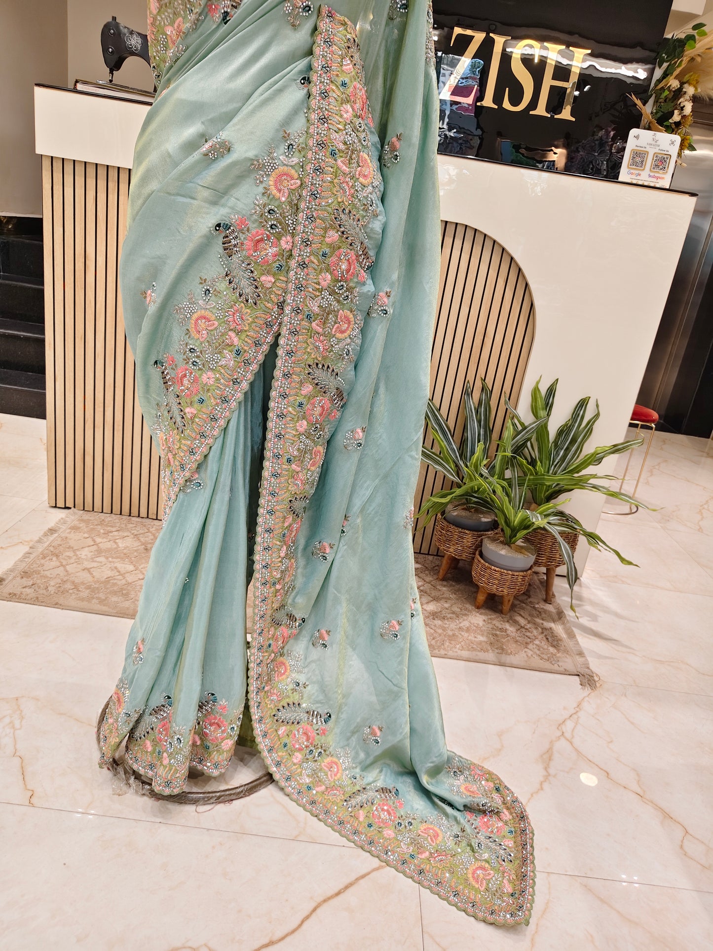 Sea Green Bird Motif Saree