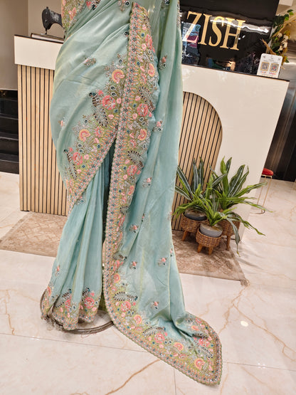 Sea Green Bird Motif Saree