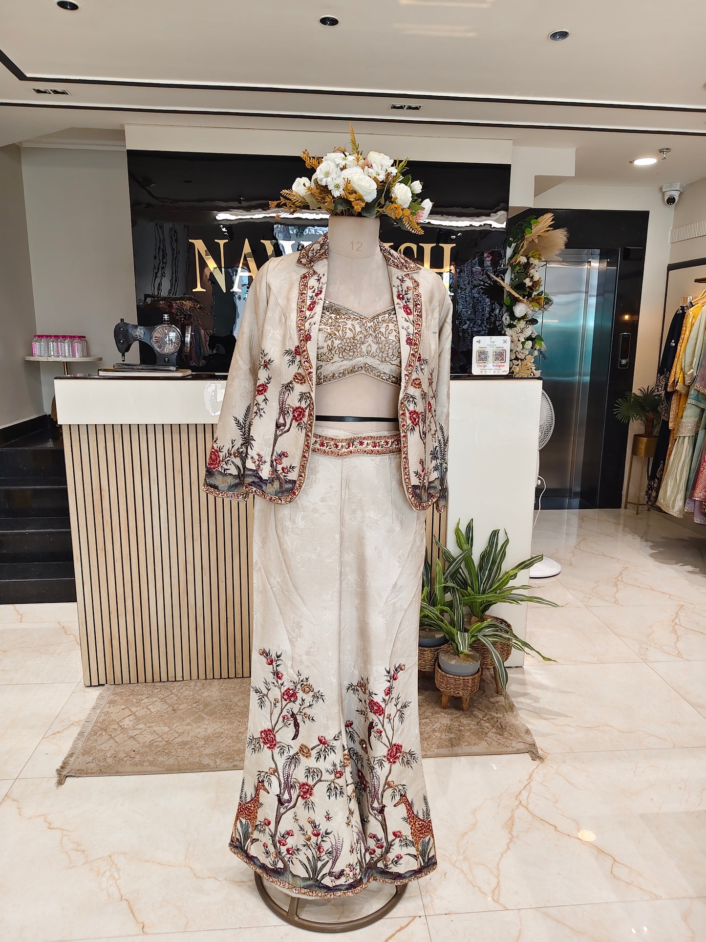 Beige Bird Motif Palazzo Set